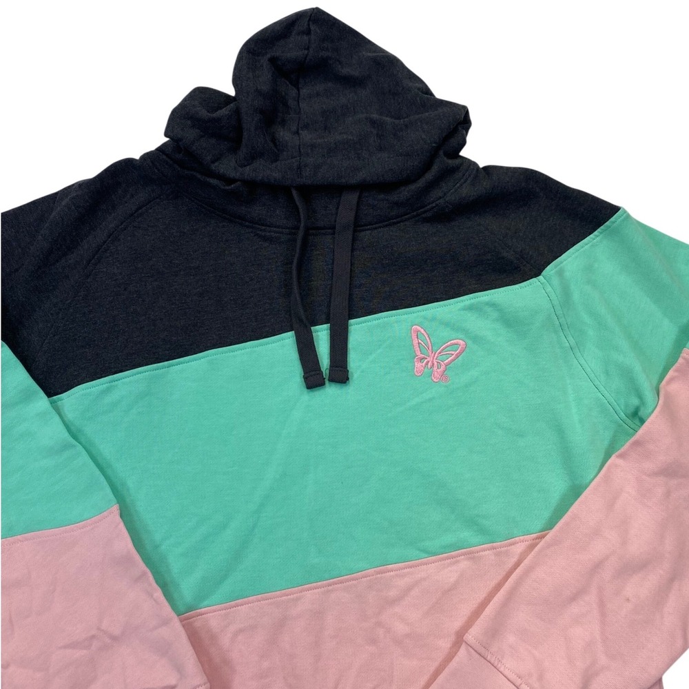 Dollywood Hoodie Womens XL Pink Turquoise Grey Colorblock Butterfly Sweatshirt